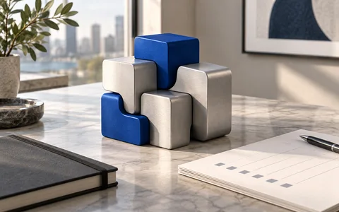 Interlocking blue and metal modules on a worktable: an editorial illustration of coordinated work